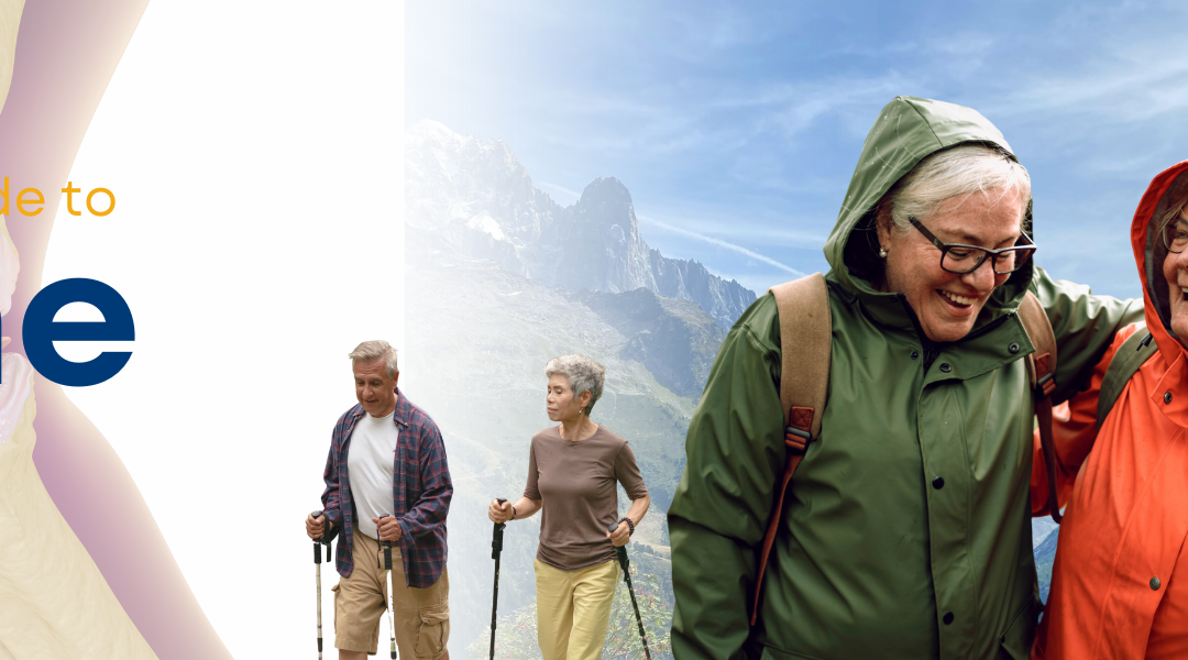 Active senior woman hiking in North Vancouver mountains maintaining bone health